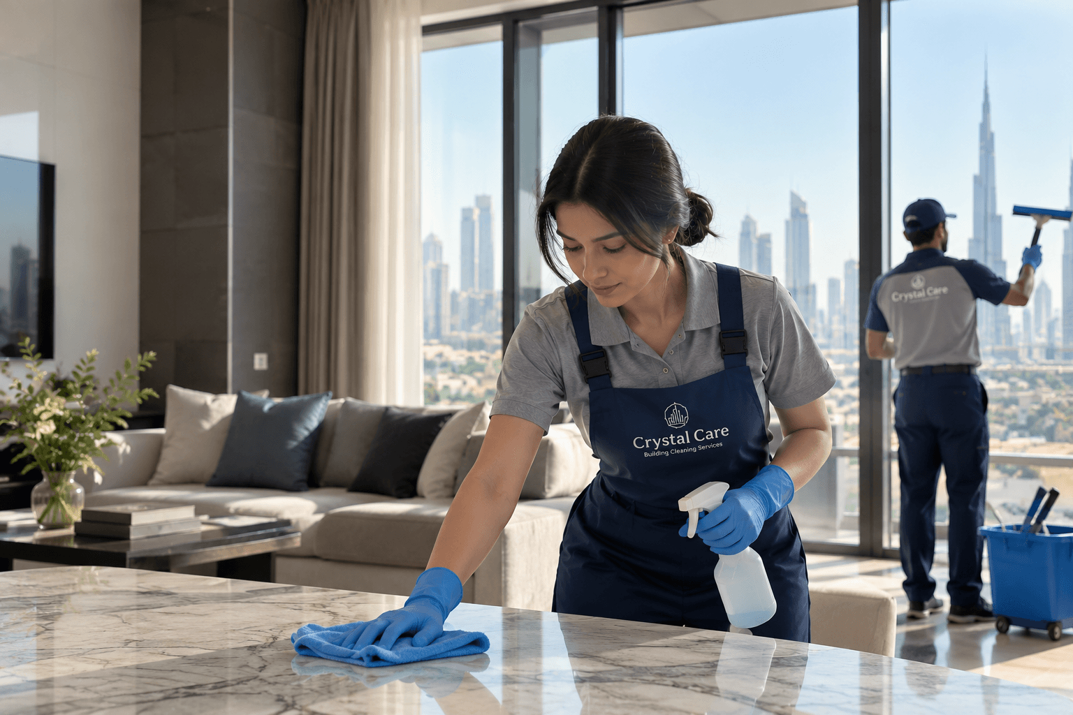 A cleaner wiping a table in a bright living room